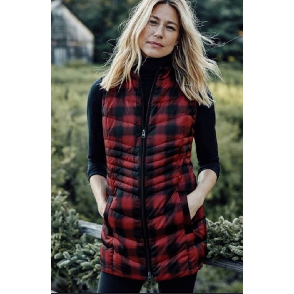 J. Jill Womens Buffalo Plaid Full Zip Quilted Puffer Long Down Vest Red Black XS